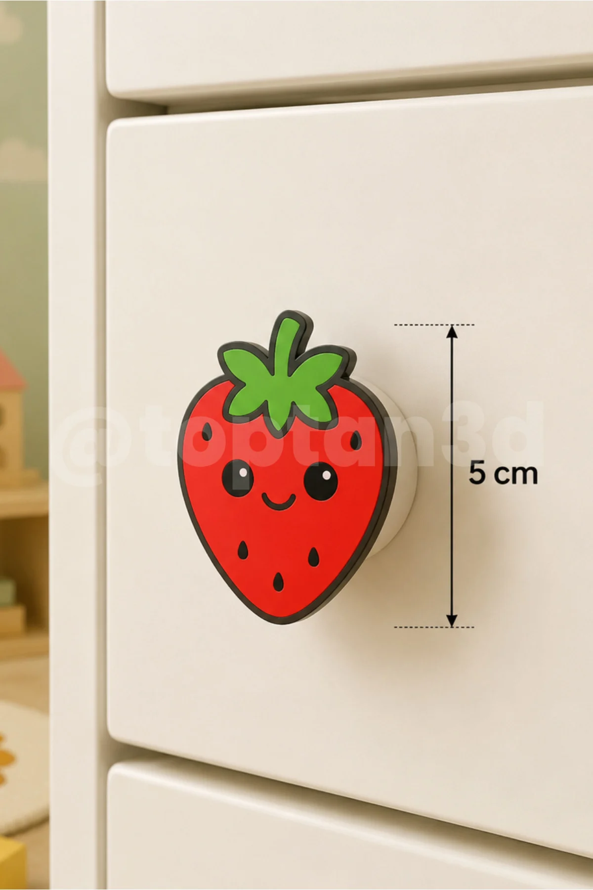 (5 cm) Sevimli Çilek Dolap Kulpu, Mobilya Kulbu – Çocuk Oda Aksesuarı, Çilek Kulp (Kulp Vidası Dahildir)