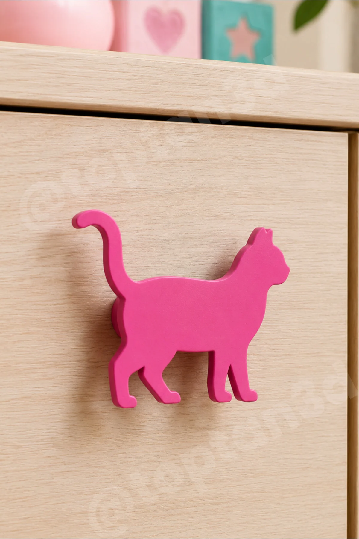 (6×4 cm) Pembe Kedi Dolap Kulpu – Modern Çocuk, Bebek Odası Mobilya Kulpu (Kulp Vidası Dahildir)